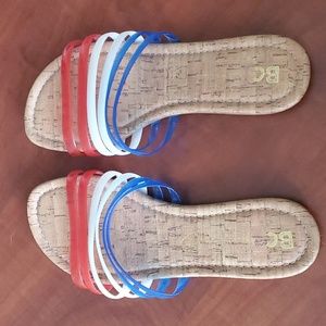 BC Footwear Firecracker vegan sandals, red/white/blue straps, Size 8, EUC